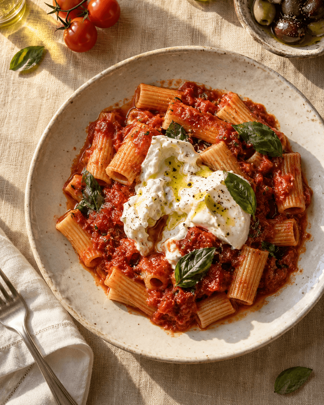 Rigatoni al pomodoro con burrata e basilico su una tavola italiana