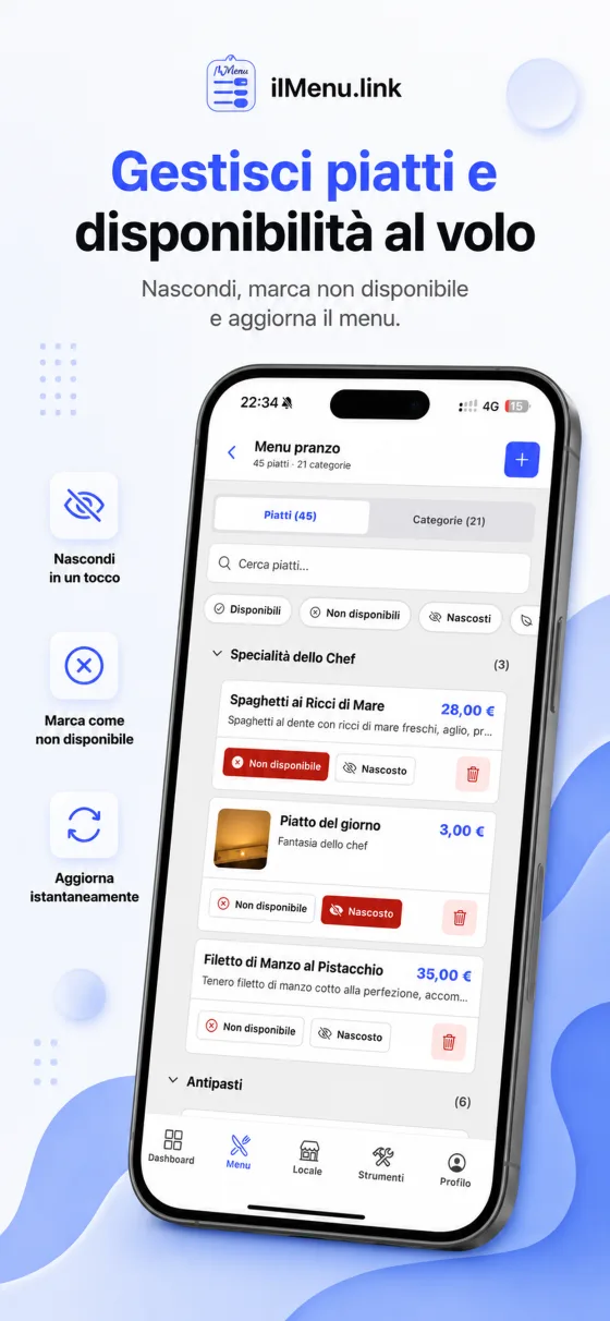 Schermata app ilMenu: Cambia disponibilità in un tocco.