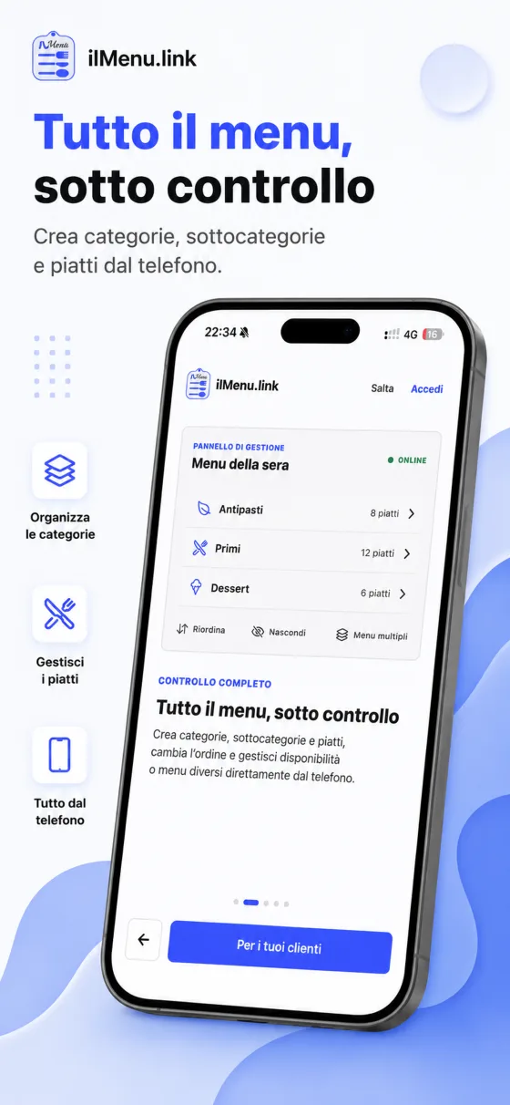 Schermata app ilMenu: Organizza menu, categorie e piatti.