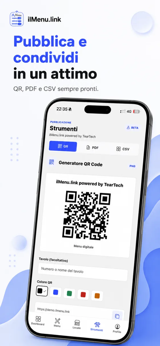 Schermata app ilMenu: Genera QR e link pronti da condividere.