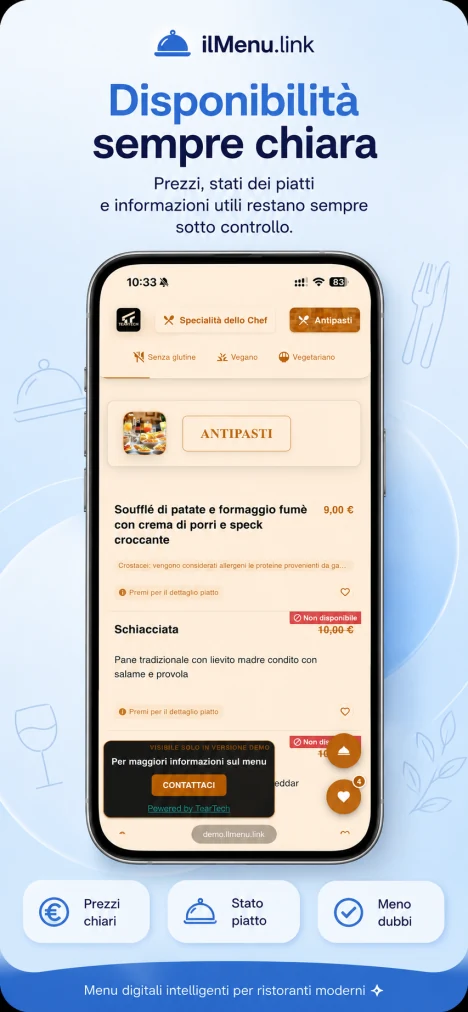 Menu cliente con prezzi e disponibilità dei piatti aggiornati