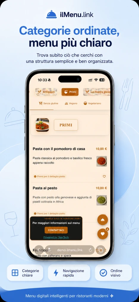 Menu cliente con categorie ordinate e navigazione rapida