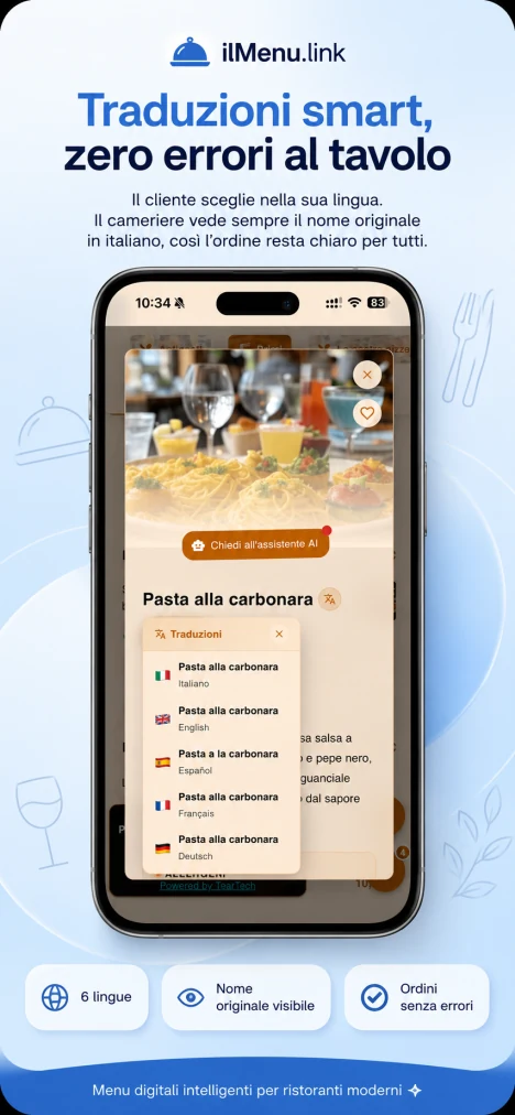 Menu cliente con traduzioni in sei lingue